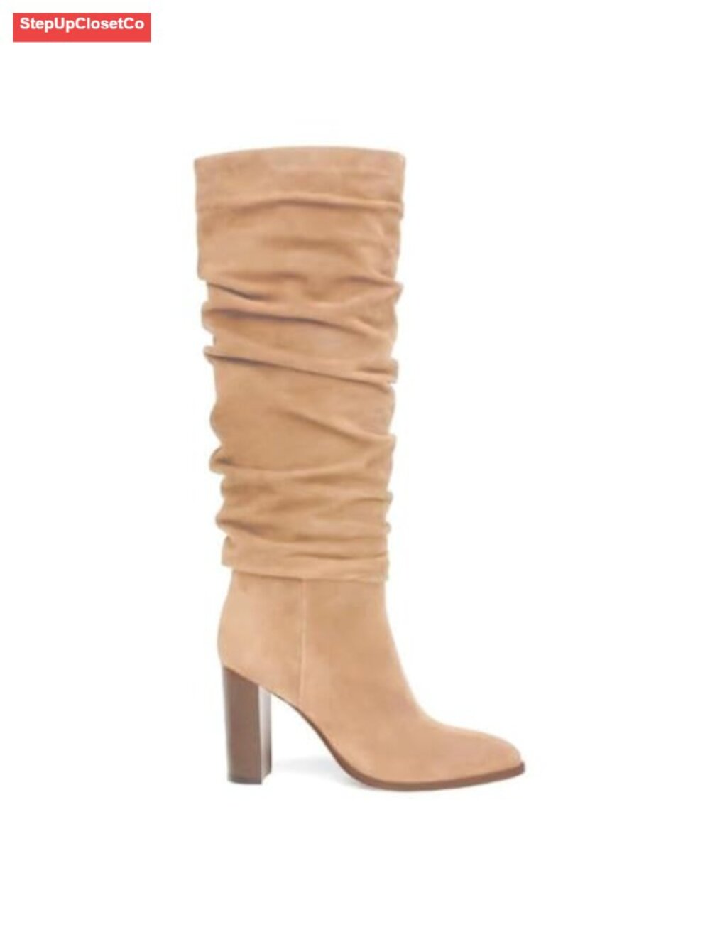 Knee High Faux Suede Slouchy Boots Chunky Block Heel Side Zip